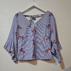 Elegant Floral Striped Blouse with Tie-Back